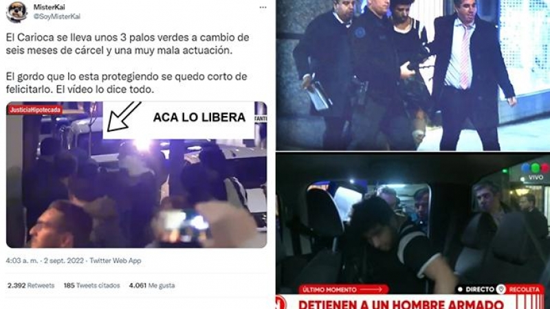 Bulo difundido sobre que el presunto autor del atentado contra Fernández de Kirchner, tras ser detenido, es felicitado y liberado por la policía con imágenes en las que se ven los momentos de su detención y cómo se le introduce en un coche policial