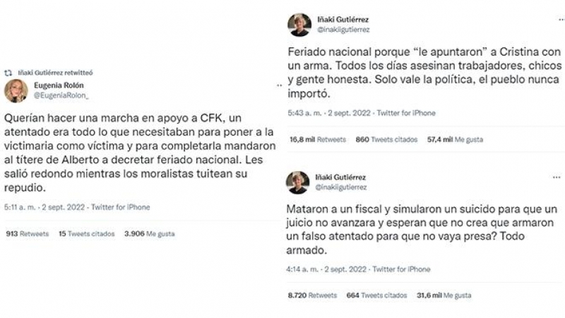 Tuits de Iñaki Gutiérrez, asesor de Milei y Bullrich, hablando de montaje en el atentado de Fernández de Kirchner