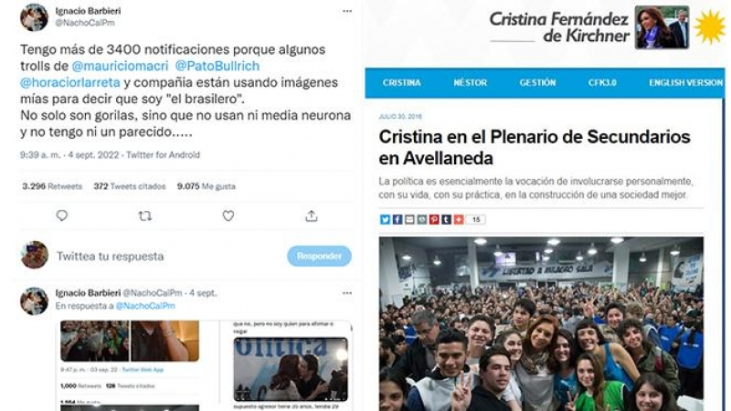 Publicaciones con imágenes de un joven de 16 años junto a Cristina Kirchner que afirman que es el agresor de 35 años. Era un bulo