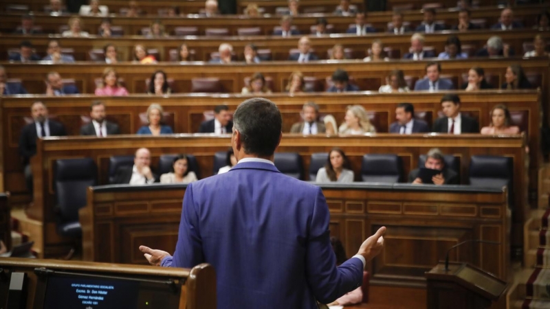 14/09/2022.- El presidente del Gobierno, Pedro Sánchez, durante su intervención en la sesión de control al gobierno celebrada este miércoles en el Congreso. EFE/Juan Carlos Hidalgo