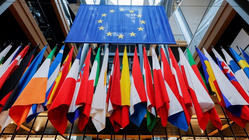 Las bandera de los países de la UE en el Parlamento Europeo, en Estrasburgo. REUTERS/Ronald Wittek/Pool