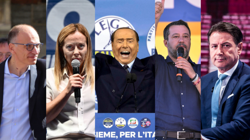 Imagen combinada de Enrico Letta, Giorgia Meloni, Silvio Berlusconi, Matteo Salvini y Giuseppe Conte
