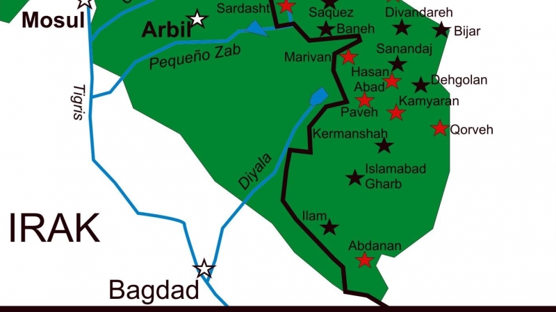 Mapa de elaboración propia que muestra con estrellas negras y rojas las ciudades del Kurdistán iraní donde se han producido la principales revueltas populares