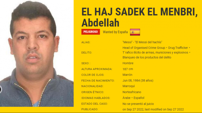 Abdellah El Haj Sadek El Menbri, conocido como el Messi del hachís, ha engrosado la lista de los fugitivos peligrosos más buscados de la UE.