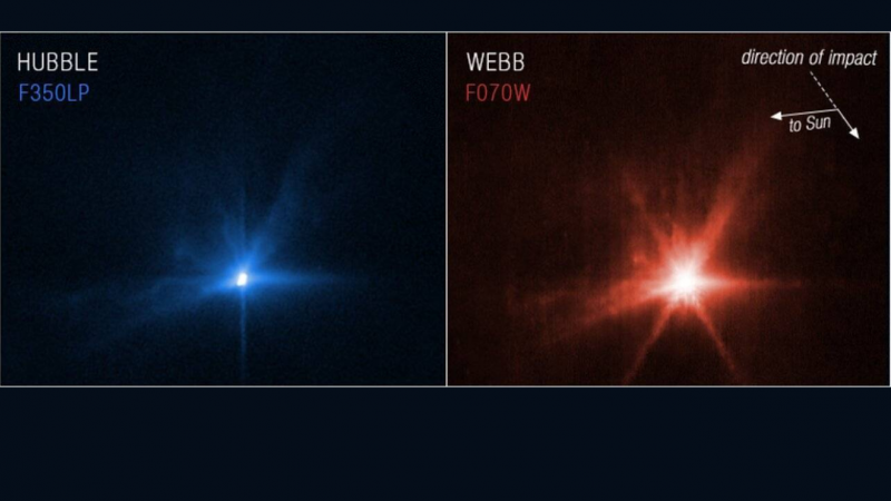 mágenes del choque de la sonda DART contra el asteroide Dimorphos captados por los telescopio Hubble (izquierda) y Webb (derecha)
