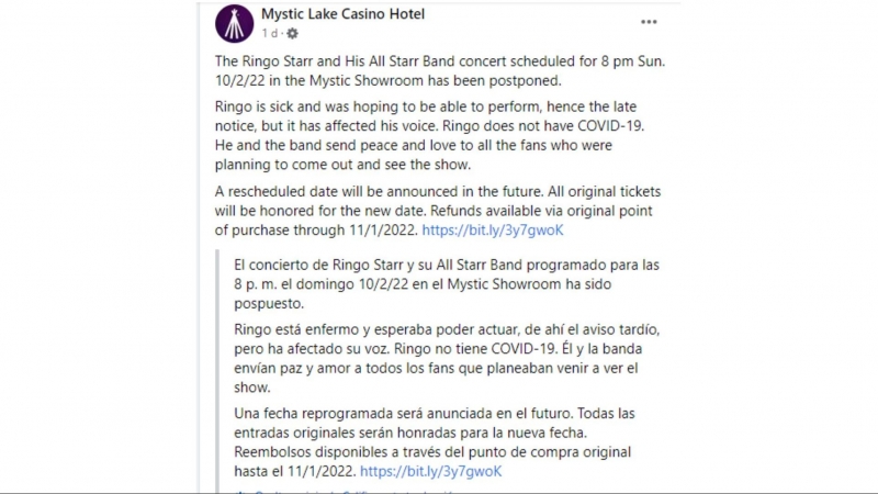 Comunicado del Mystic Lake Casino sobre la cancelación del concierto de Ringo Starr. — FACEBOOK