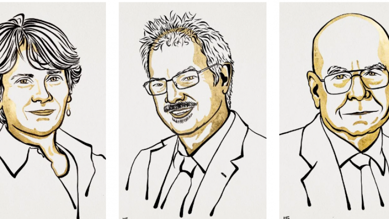 Ilustración, de izquierda a derecha, de los premiados Aspect, Clauser y Zeilinger.Nobel Prize