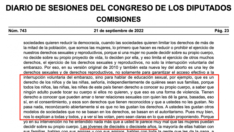 Diario de Sesiones de la Comisión de Igualdad con las palabras de Irene Montero