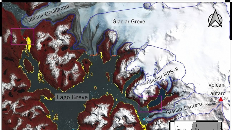 07/10/2022. Imagen de satélite del Lago Greve (Chile) y de los puntos de referencia circundantes. La zona que pasó de ser lago a superficie terrestre desde el 8 de abril hasta el 1 de noviembre de 2020 está resaltada en amarillo.