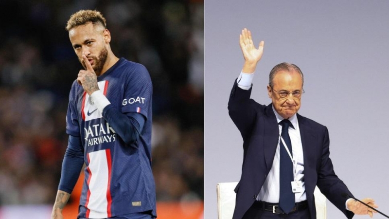 El futbolista Neymar Jr y el presidente del Real Madrid, Florentino Pérez.