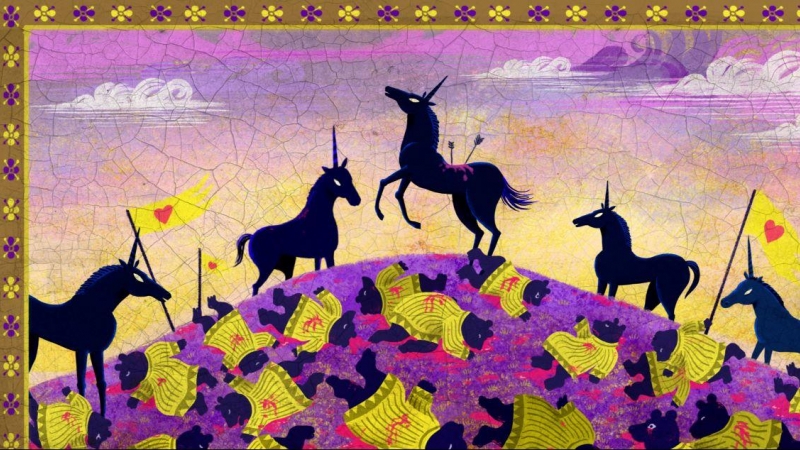 Una ilustración de la guerra de los ositos contra los unicornios.