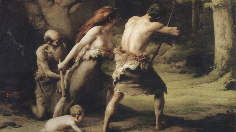 El cuadro de Emmanuel Benner 'El hombre prehistórico cazando osos', que representa a una familia en la que la mujer también aparece empuñando un arma