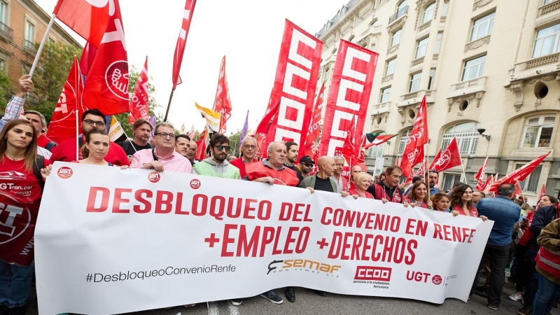 Centenares de personas pertenecientes a sindicatos de CCOO, UGT y Semaf se concentran ante el Congreso de los Diputados, a 19 de octubre de 2022, en Madrid.