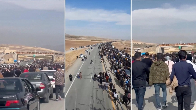 Combo de imágenes de cientos de personas andando por una autopista en dirección al cementerio de Aichi, en la ciudad iraní de Saquez, este 26 de octubre de 2022.