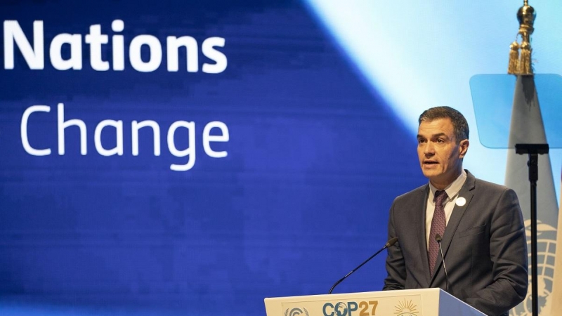 El presidente del Gobierno, Pedro Sánchez, interviene en el primer plenario de la Cumbre del Clima de Sharm el Sheikh de 2022.