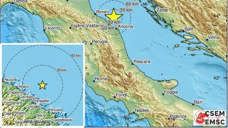 Mapa en el que se señala el epicentro del terremoto en Italia.
