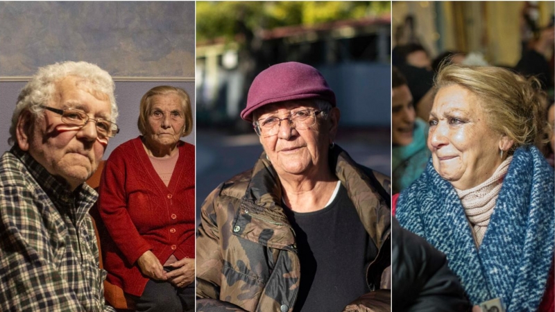 De izquierda a derecha: José Manuel y Maria, un matrimonio octogenario desahuciado en Carabanchel. Teresa Sarmiento, de 72 años, desalojada este verano de un edificio en el barrio de Lavapiés. Pepi Santiago, de 69 años, vecina de Teresa, durante un intent