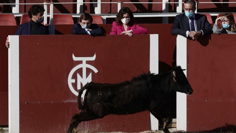 El alcalde de Madrid, José Luis Martínez-Almeida, y la presidenta de la Comunidad de Madrid, Isabel Díaz Ayuso durante una visita a la escuela regional de tauromaquia de la Venta de Batán.