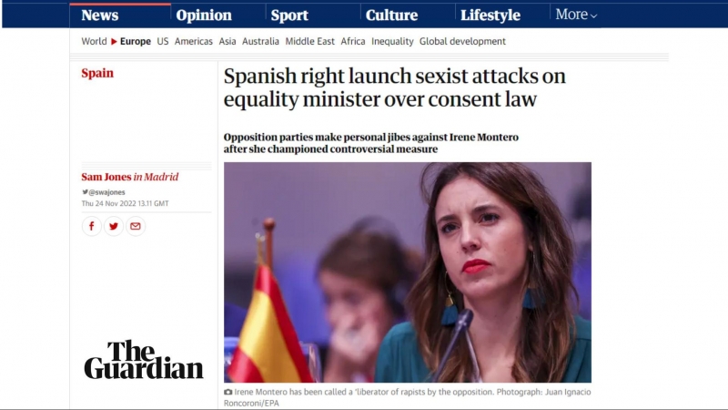 'The Guardian' denuncia los ataques machistas a Irene Montero, ministra de Igualdad