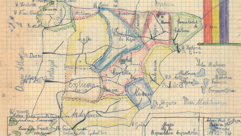 25/11/22 Mapa político de España en los cuadernos escolares de Antonio Rial, alumno de Bernardo Mato, en 1933.