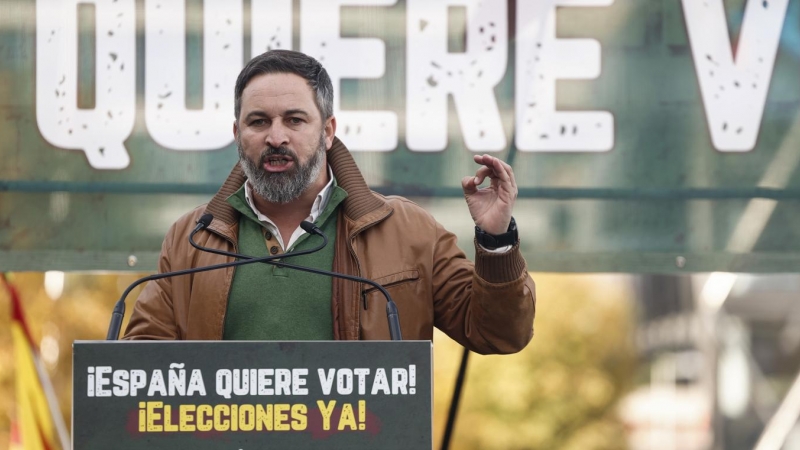 El líder de Vox, Santiago Abascal, en la plaza de Colón de Madrid.