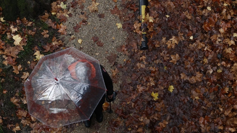Una persona con paraguas, rodeada del característico suelo lleno de hojas de esta época.
