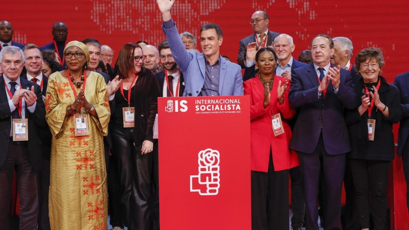 El presidente de Gobierno y secretario general del PSOE, Pedro Sánchez, durante su participación este domingo en la clausura del XXVI Congreso de la Internacional Socialista, en el que es proclamado nuevo líder de la IS.