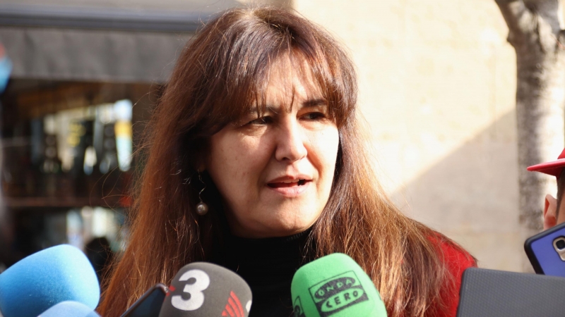 La presidenta de Junts, Laura Borràs, en una atenció a mitjans abans de la manifestació contra la reforma del Codi Penal.