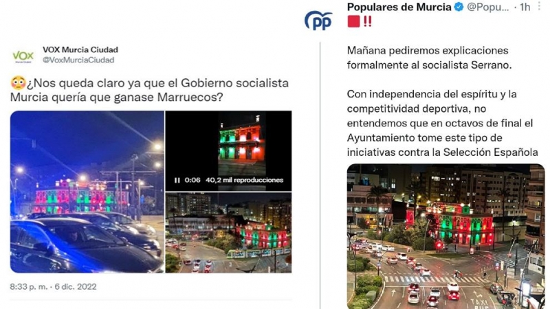 Imágenes de los tuits lanzados desde Vox y PP sobre las luces de Navidad en Murcia.