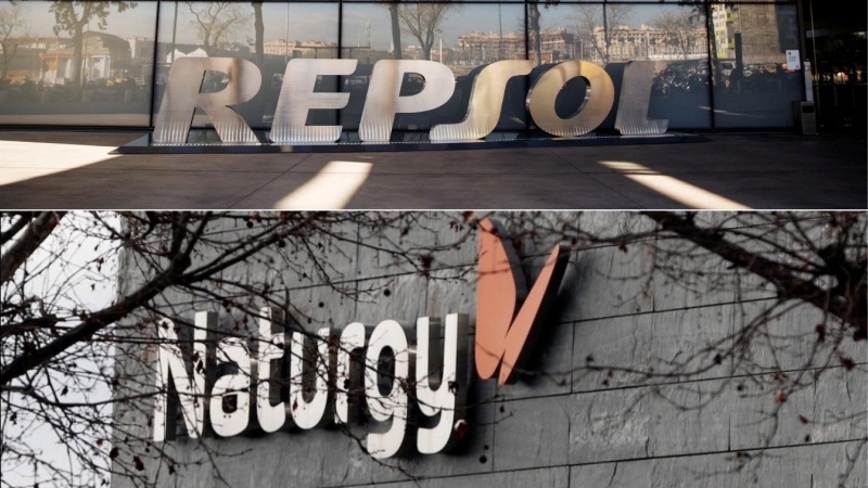 Los logos de Repsol y de Naturgy en sus respectivas sedes en Madrid. REUTERS