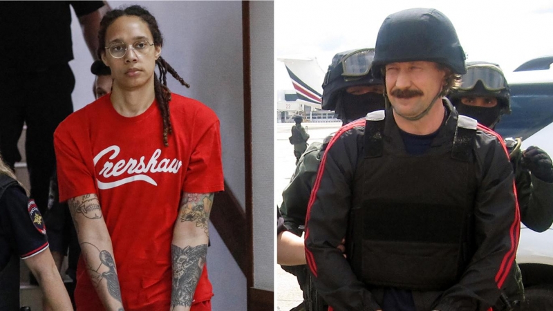 A la izquierda, la jugadora de baloncesto estadounidense Brittney Griner, en una sala del tribunal para una audiencia, en la ciudad de Khimki, Rusia; y a la derecha, el traficante de armas ruso Viktor Bout esposado y escoltado por fuerzas especiales taila