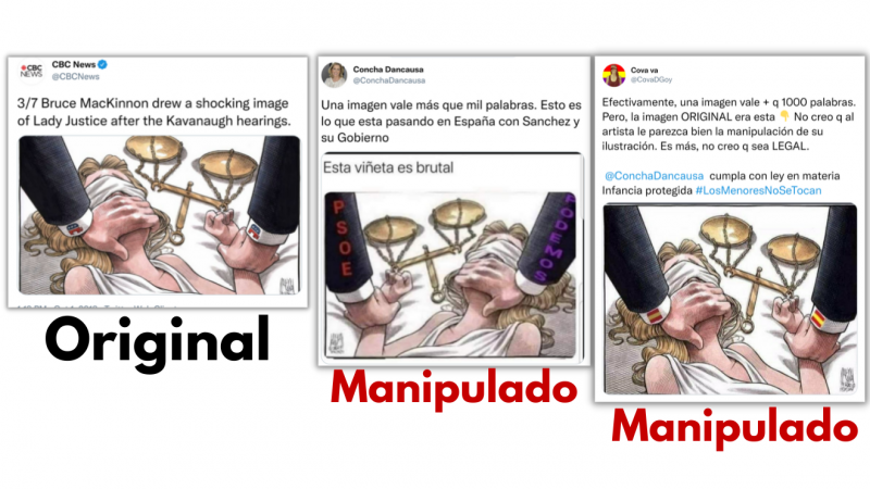 Imagen combinada del caricaturista canadiense Bruce MacKinnon junto a otras dos viñetas manipuladas.