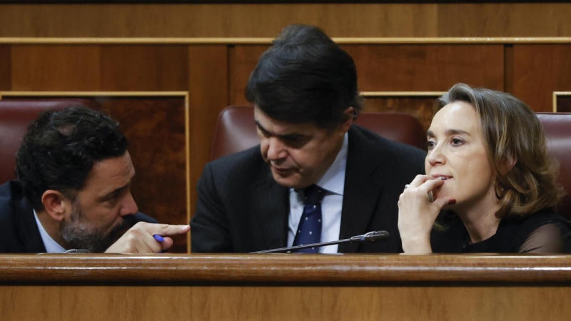 14/12/2022.- Los diputados del PP Cuca Gamarra, Carlos Rojas y Guillermo Mariscal (i), durante la sesión de control del Gobierno celebrada este miércoles en el Congreso en Madrid. EFE/ Mariscal