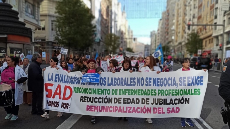 Un grupo de personas protestan en una manifestación de ámbito estatal convocada por la Plataforma Unitaria de Auxiliares de Ayuda a Domicilio