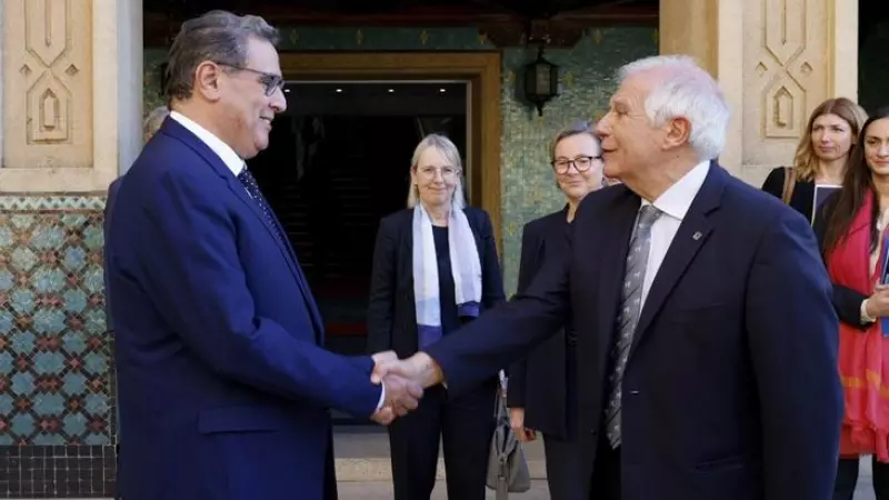 6/1/23 El alto representante de la Unión Europea para Asuntos Exteriores, Josep Borrell (d), saluda al presidente marroqui, Aziz Ajanuch, el pasado jueves en Rabat.