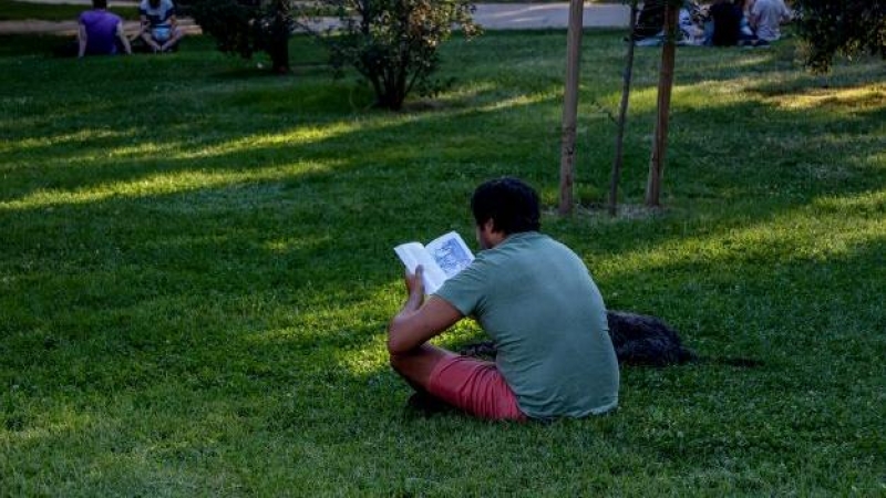 Una persona lee un libro sentada en el césped del parque del Retiro, a 4 de septiembre de 2022, en Madrid.