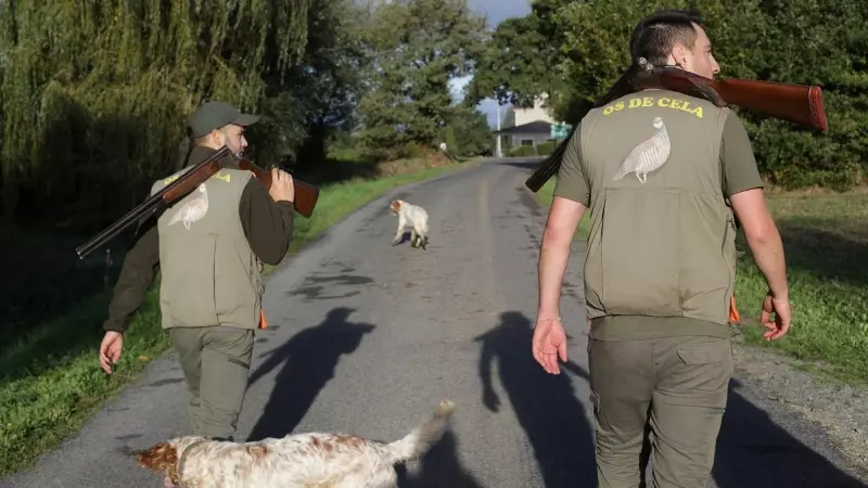 Dos cazadores pertenecientes al Coto de Cela pasean por el Tecor Santa Isabel en busca de caza menor, a 16 de octubre de 2022, en Vilela, Outeiro de Rei, Lugo, Galicia.