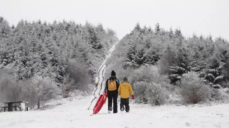 Un padre y su hijo disfrutan de la nieve en O'Cebreiro (Lugo) este domingo.