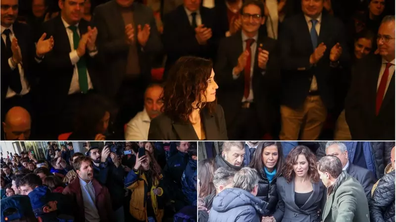 Imagen superior: Ayuso al entrar al salón de actos de Ciencias de Información (JOSE CARMONA). Inferior izquierda y derecha, Ayuso durante su entrada a la facultad (AGENCIAS)