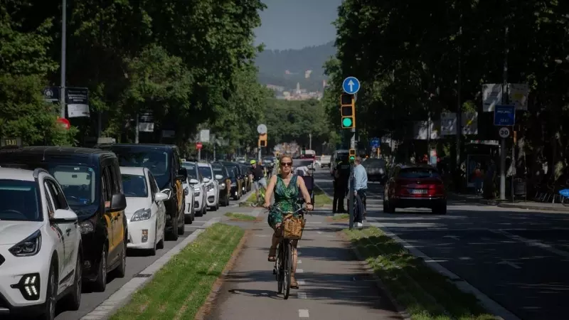 Una mujer circula montada en bicicleta en un carril bici de Barcelona en mayo de 2022.