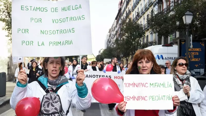 Dos mujeres con bata blanca y pancartas durante una concentración de médicos y pediatras de Atención Primaria en huelga, desde la sede de la Dirección General de Recursos Humanos del Servicio Madrileños de Salud, a 22 de febrero de 2023, en Madrid (España