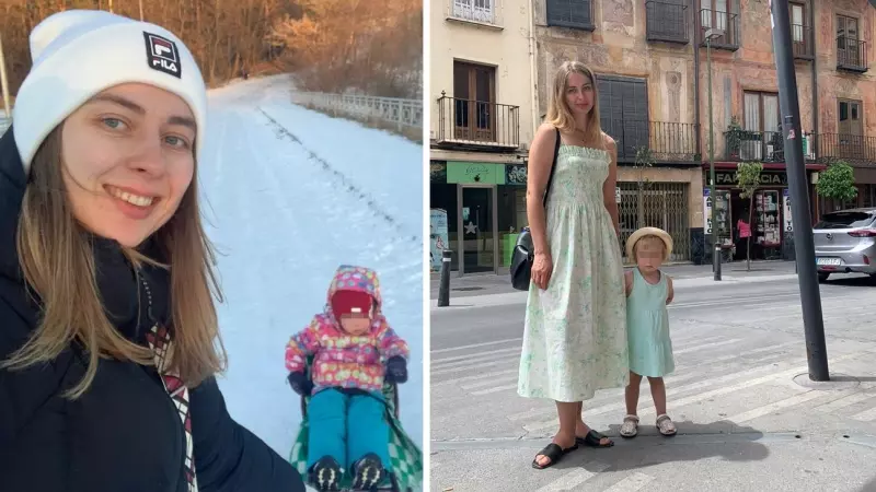 IZQUIERDA: Alina Korzhynska, una refugiada ucraniana en España, ya de vuelta en su ciudad ucraniana, Poltava. DERECHA: Korzhynska, de 30 años, junto a su hija, en Lagartera (Toledo), que fue su pueblo de acogida duran seis meses. — Cedida.