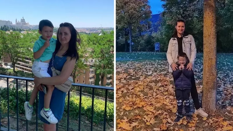 DERECHA: Daria Tatarina y su hijo David, en Madrid el pasado mayo, tras huir de la Jersón ocupada por los rusos. IZQUIERDA: Madre e hijo en un parque de Alemania el pasado enero, a donde llegaron tres meses después de ser acogidos en Móstoles por su prima