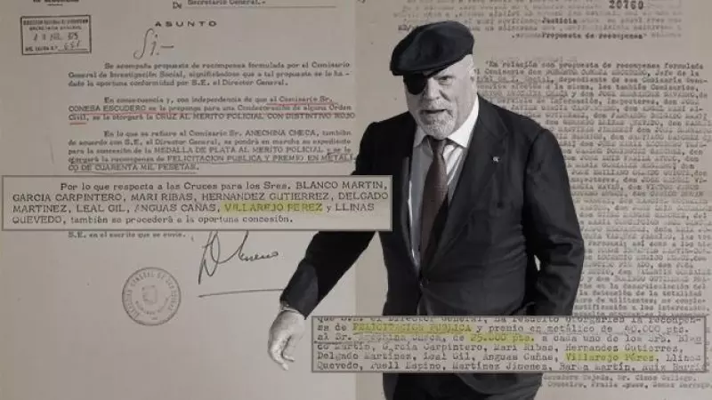 El comisario jubilado José Manuel Villarejo, en un montaje con los documentos sobre la recompensa y condecoración que ganó en la operación policial contra el FRAP, en el verano de 1975