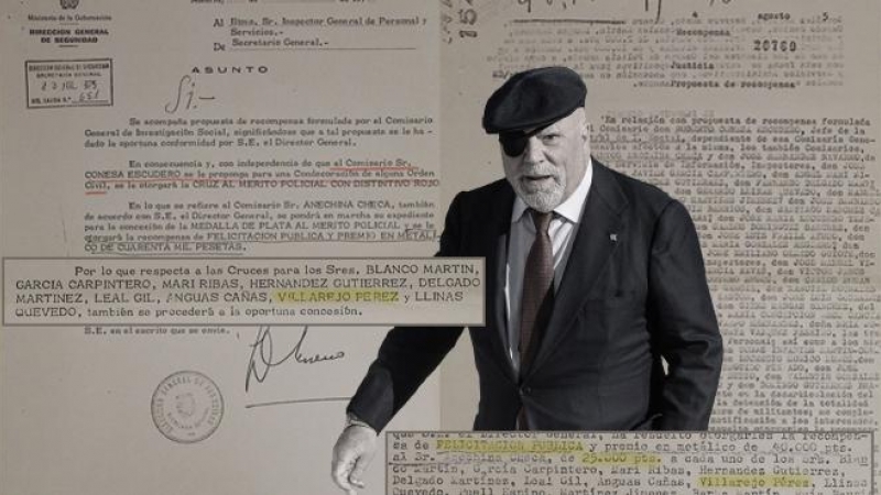 El comisario jubilado José Manuel Villarejo, en un montaje con los documentos sobre la recompensa y condecoración que ganó en la operación policial contra el FRAP, en el verano de 1975