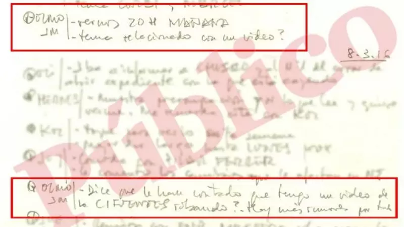 Apunte de la agenda del comisario José Manuel Villarejo de marzo de 2016 sobre la reunión con el periodista José María Olmo hablando del vídeo de Cifuentes.