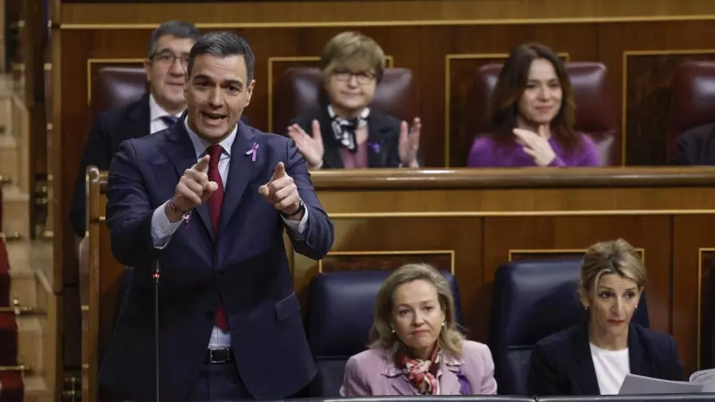 El presidente del Gobierno, Pedro Sánchez, interviene en la sesión de control al Ejecutivo en el Congreso, a 8 de marzo de 2023.