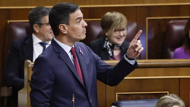 08/03/2023.- El presidente del Gobierno, Pedro Sánchez, interviene en la sesión de control al Ejecutivo de este miércoles en el Congreso, que coincide con el Día de la Mujer y tras la votación de la reforma de la ley del solo sí es sí del PSOE, que ha rot