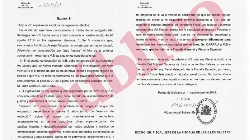 Escrito del fiscal Miguel Ángel Subirán dirigido a la Fiscalía Superior de Balears donde pide explicaciones sobre la falta de investigación acerca del presunto plan para asesinarles a él y al juez Penalva.