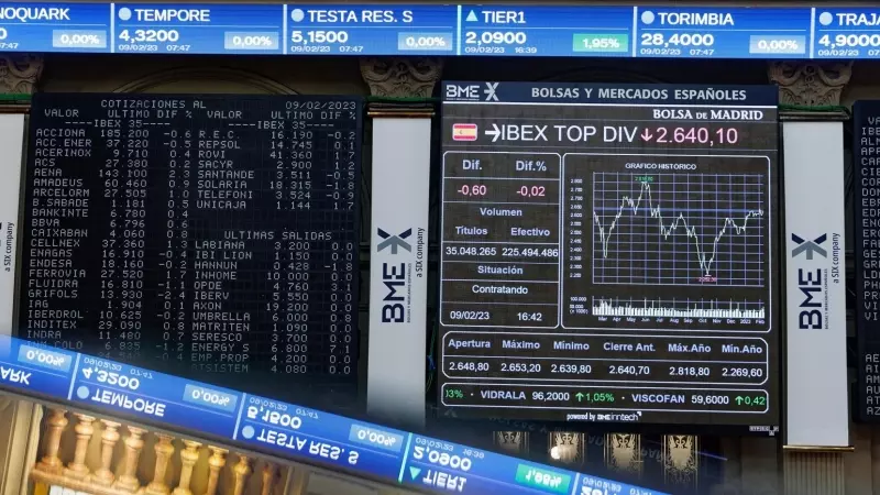 Un panel del Ibex 35 en el Palacio de la Bolsa, a 9 de febrero de 2023, en Madrid (España).